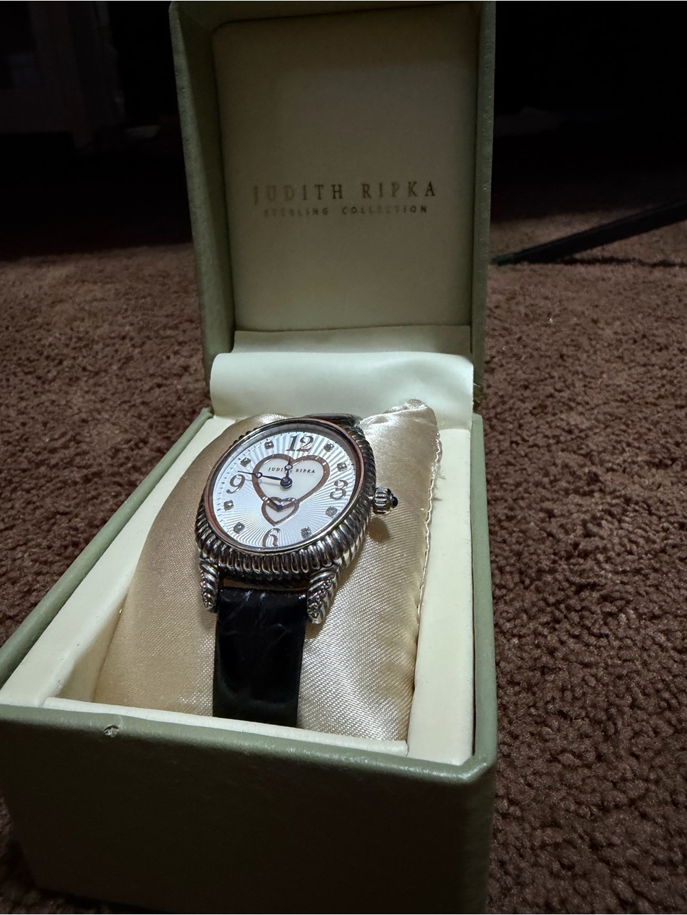 Judith Ripka Sterling series Round Watch with Black leather Strap